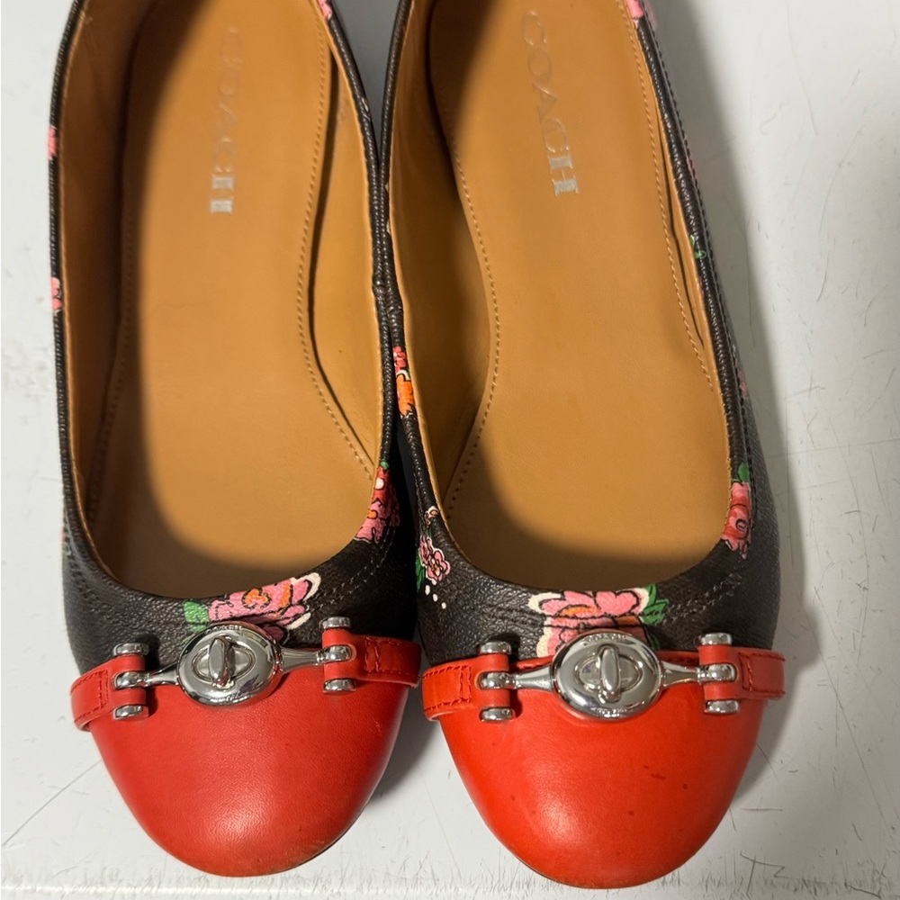 Coach Red and Black Leather Ballet Flats with Silver Detail